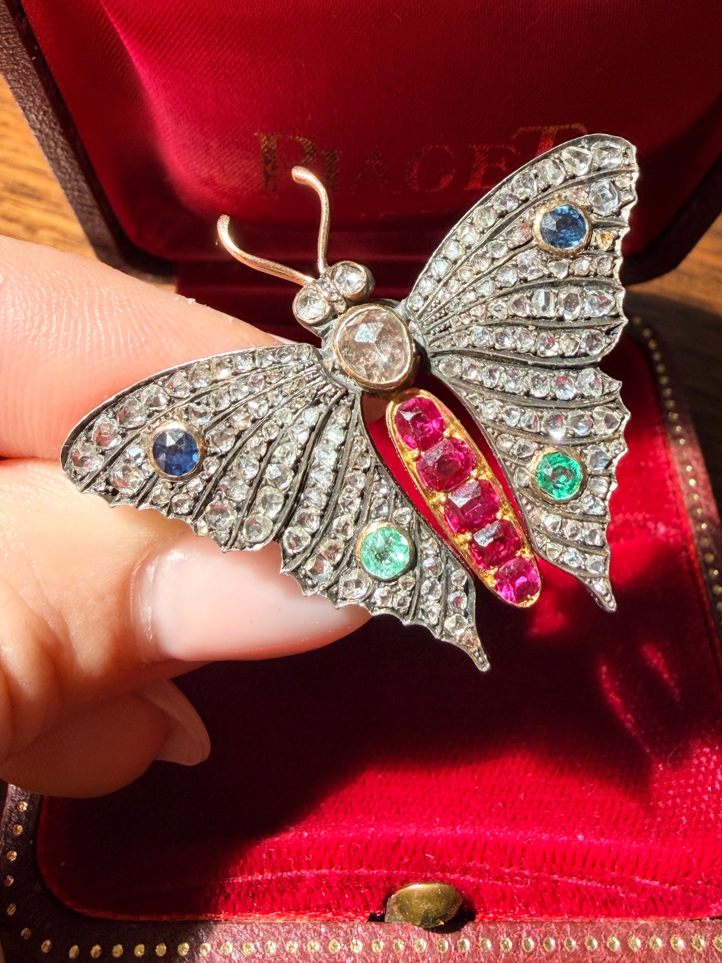 Antique French Multi Gem-Set Diamond Butterfly Brooch
