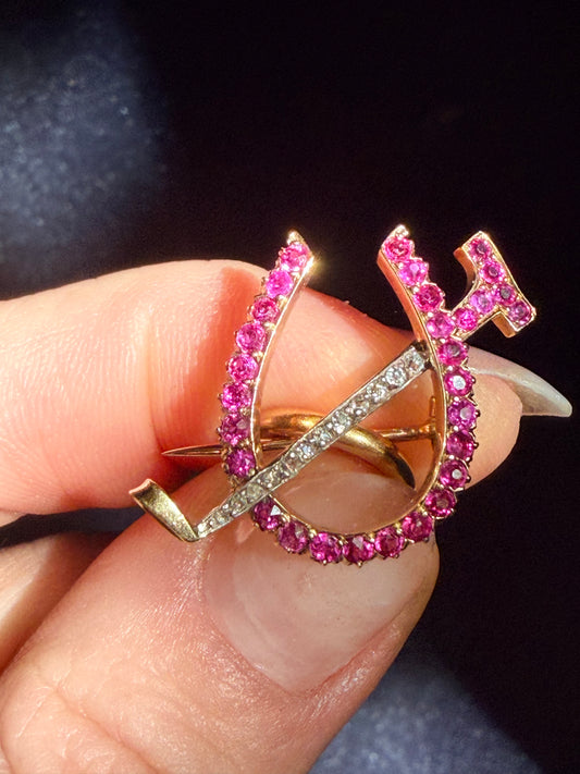 Victorian Ruby and Diamond Horseshoe and Riding Crop Brooch