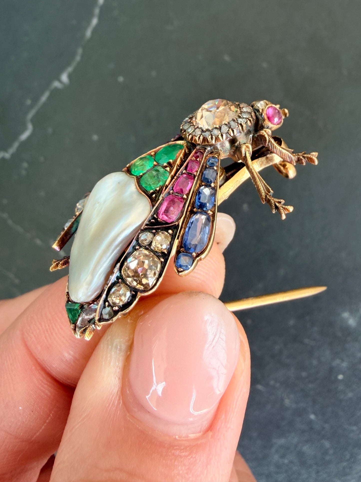 Victorian Natural Pearl and Gemset Bug Brooch
