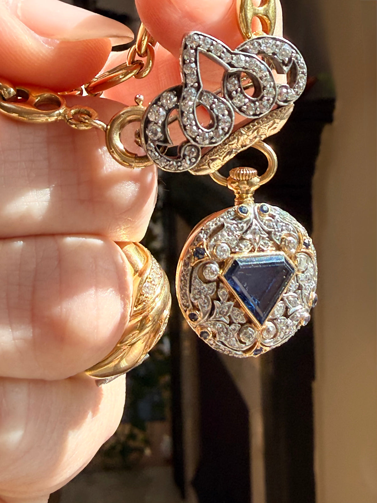 Antique Tiffany and Co. Sapphire and Diamond Pocket Watch Brooch