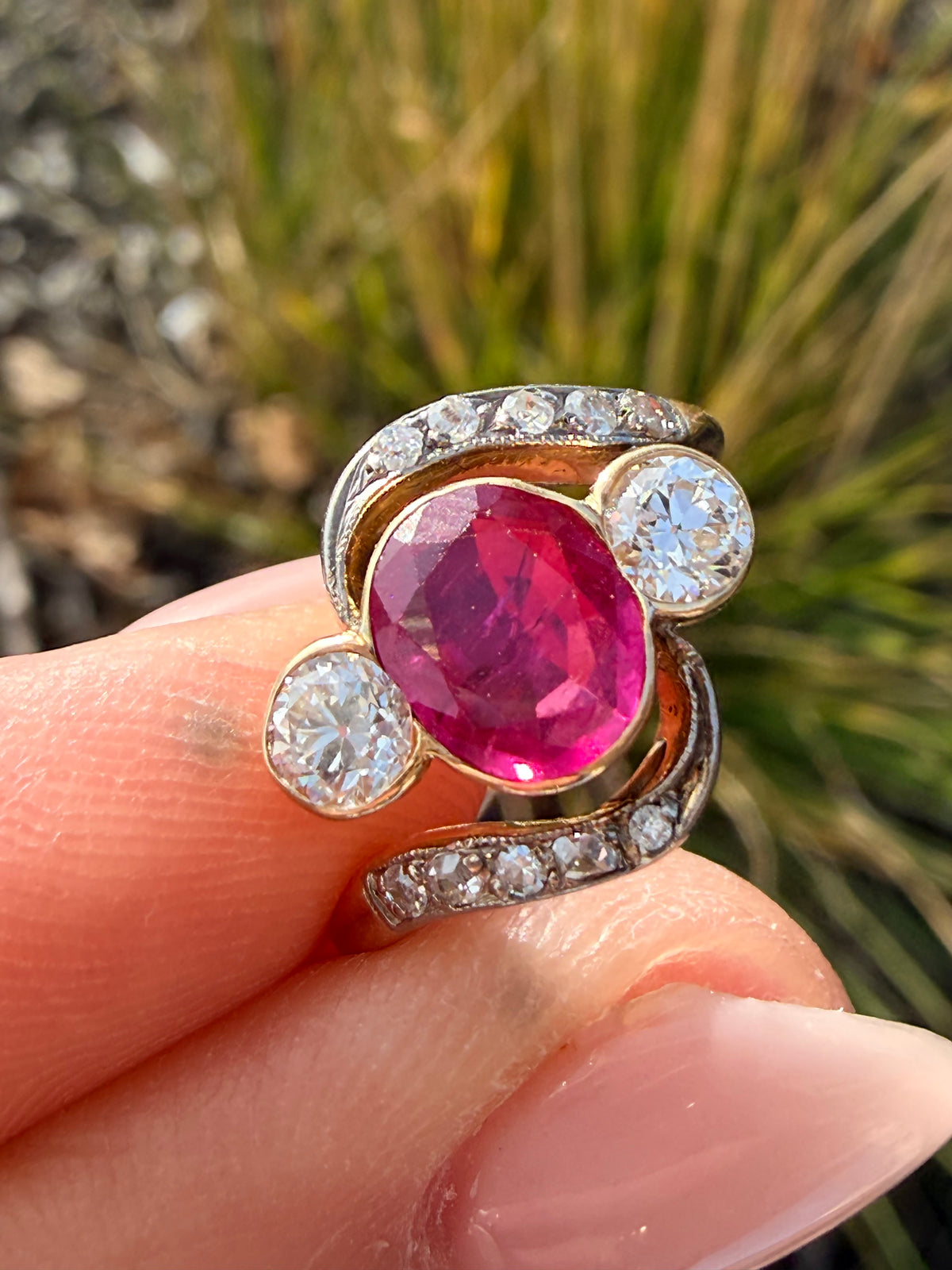 Edwardian Ruby and Diamond Three Stone Twist Ring