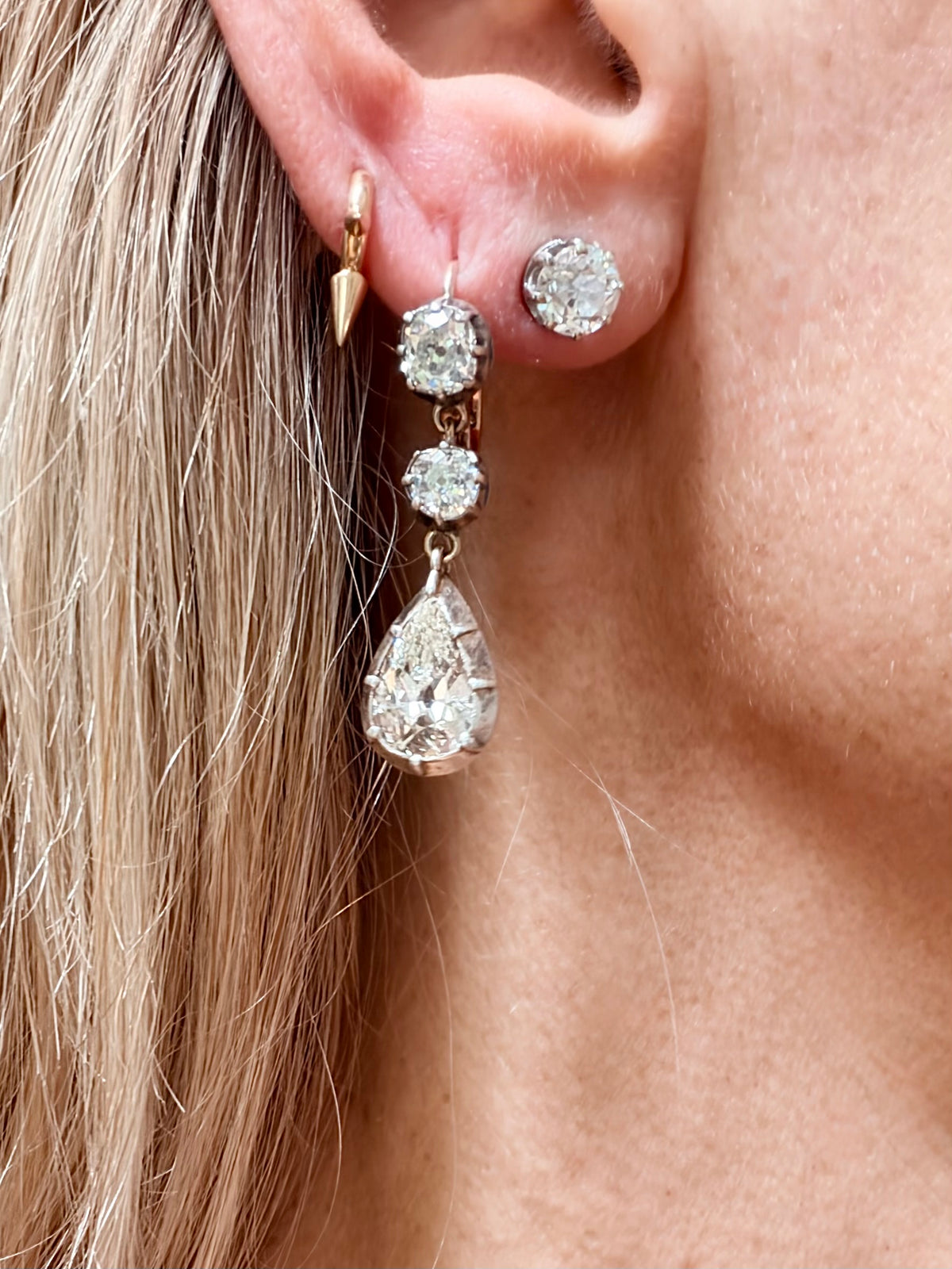 Antique Pear Cut and Old Mine Cut Diamond Drop Earrings