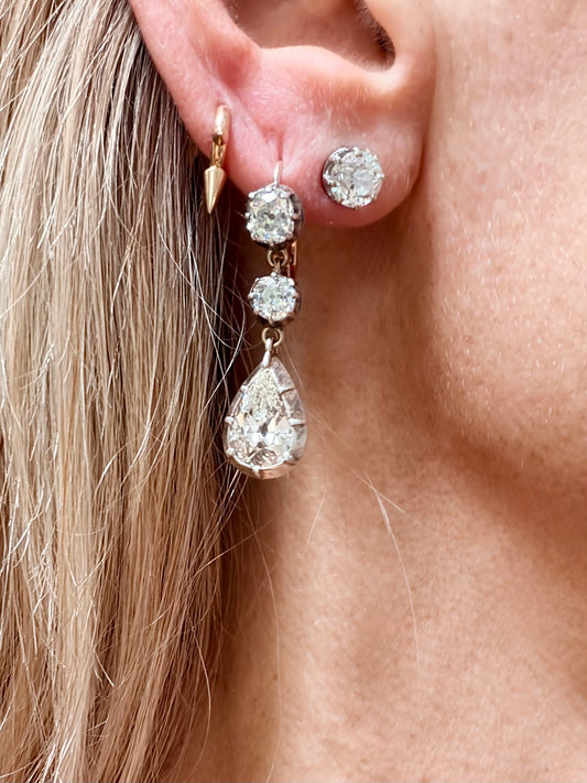 Antique Pear Cut and Old Mine Cut Diamond Drop Earrings