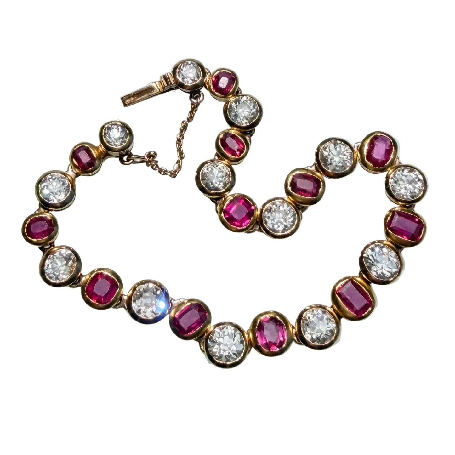 Antique Burmese No Heat Ruby and Old Cut Diamond Alternating Bracelet