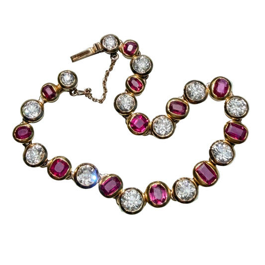 Antique Burmese No Heat Ruby and Old Cut Diamond Alternating Bracelet