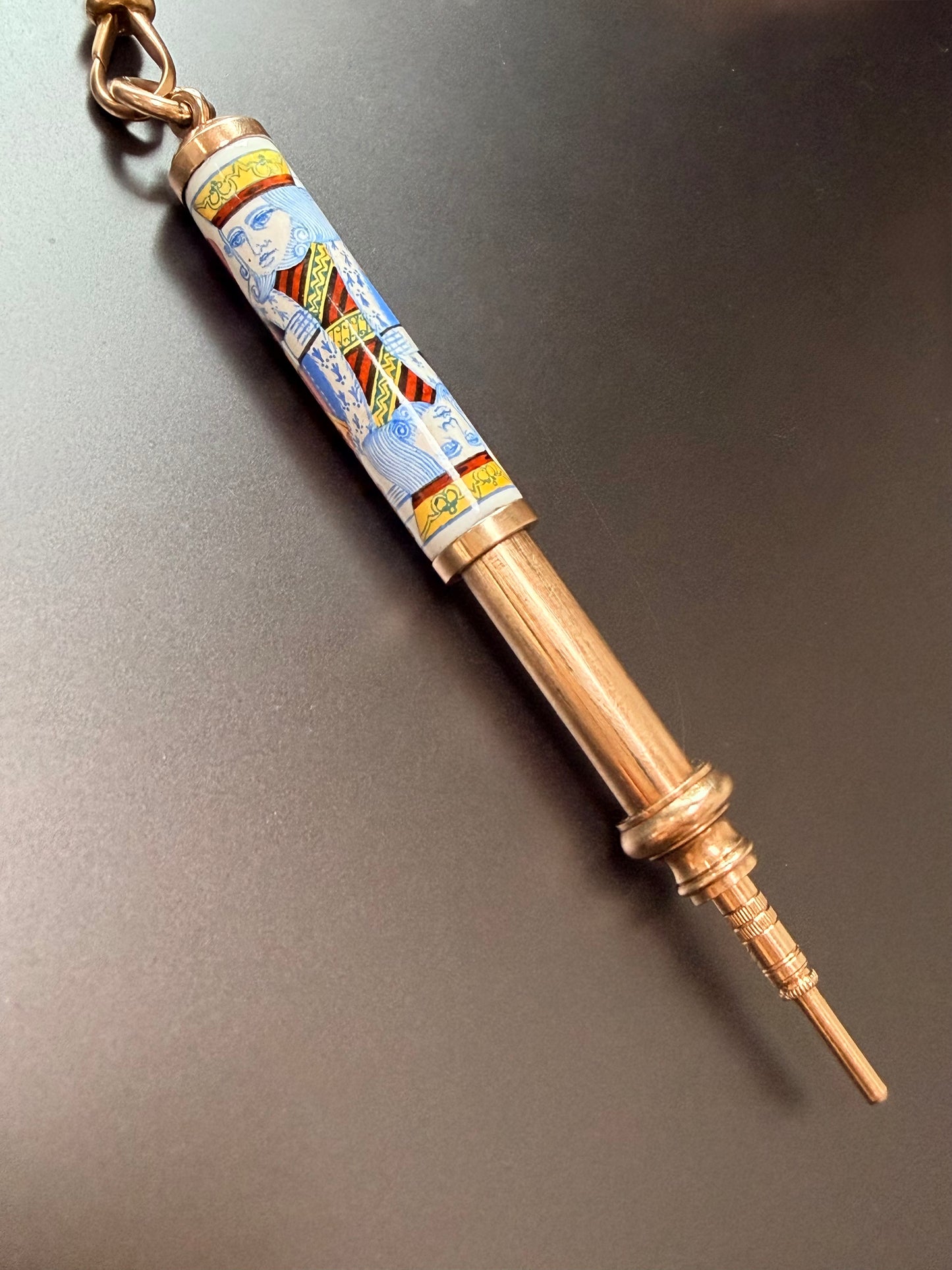 Mid-Century Gold & Enamel King of Hearts Pencil Pendant
