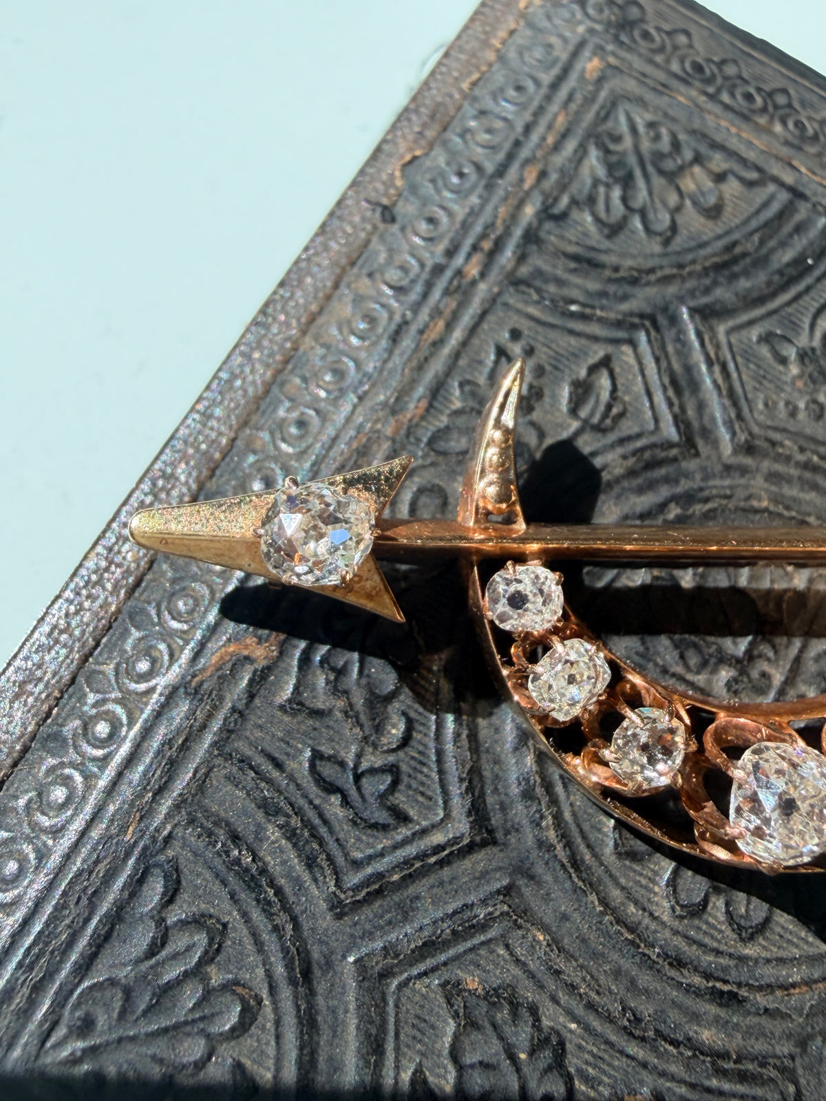 Antique Old Mine Cut Diamond Crescent & Arrow Brooch