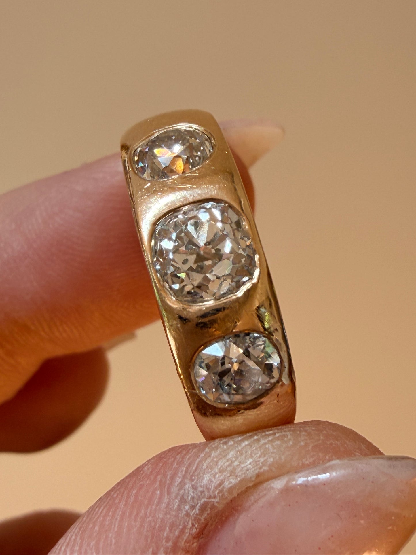 Antique Three Stone Old Mine Cut Diamond Ring