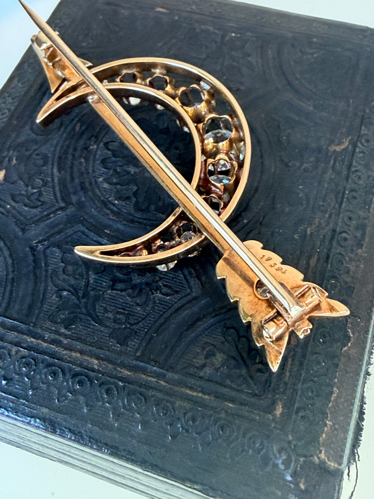 Antique Old Mine Cut Diamond Crescent & Arrow Brooch