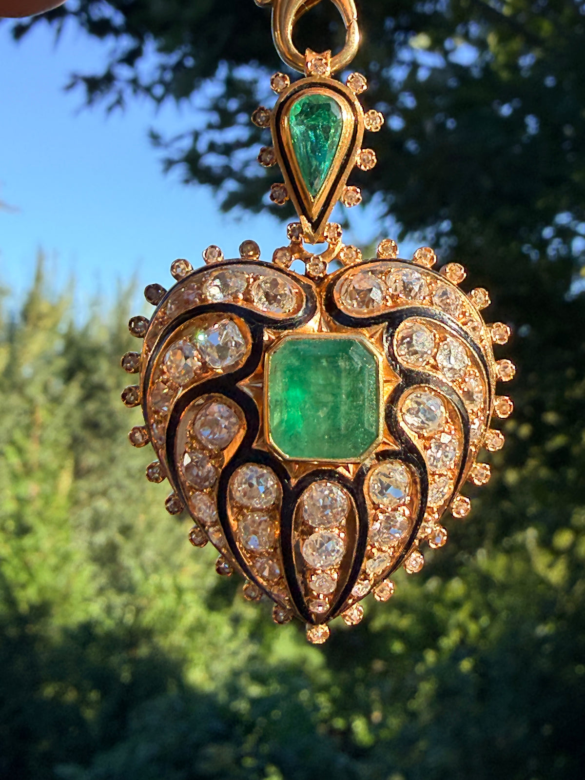 Antique Emerald, Diamond and Enamel Heart Pendant