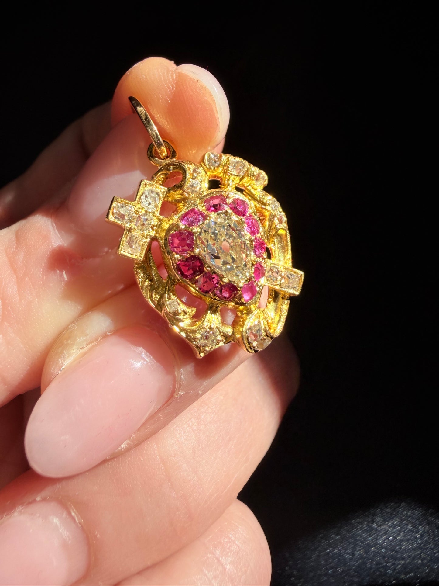 Victorian Ruby and Diamond Faith, Hope and Love Pendant