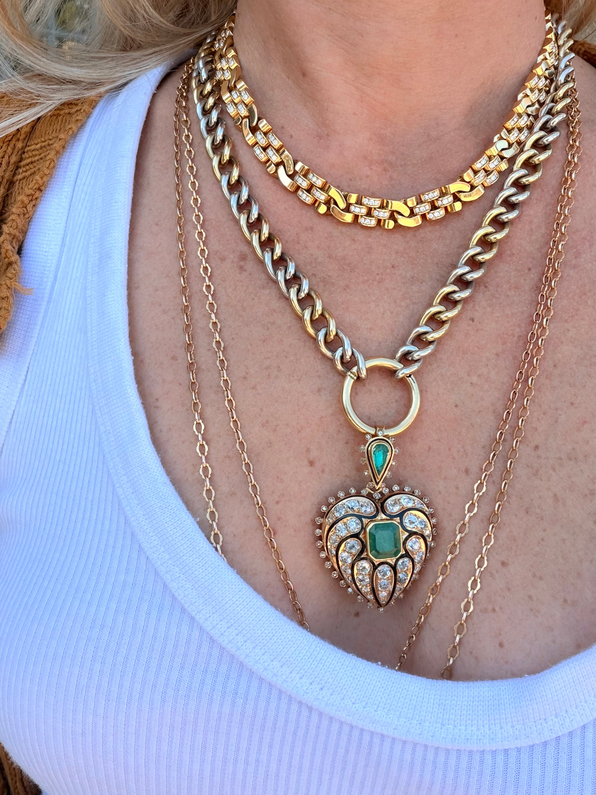 Antique Emerald, Diamond and Enamel Heart Pendant