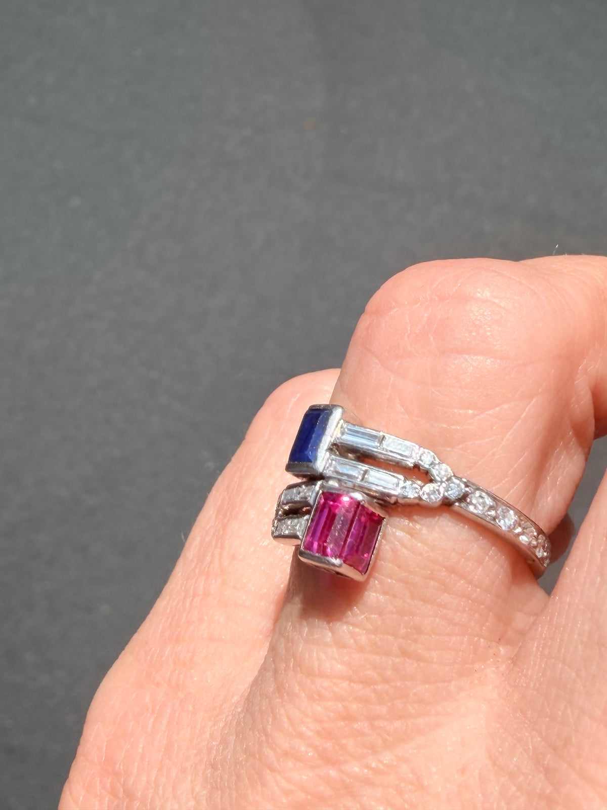 Art Deco Ruby, Sapphire & Diamond Toi et Moi Ring, c.1920s