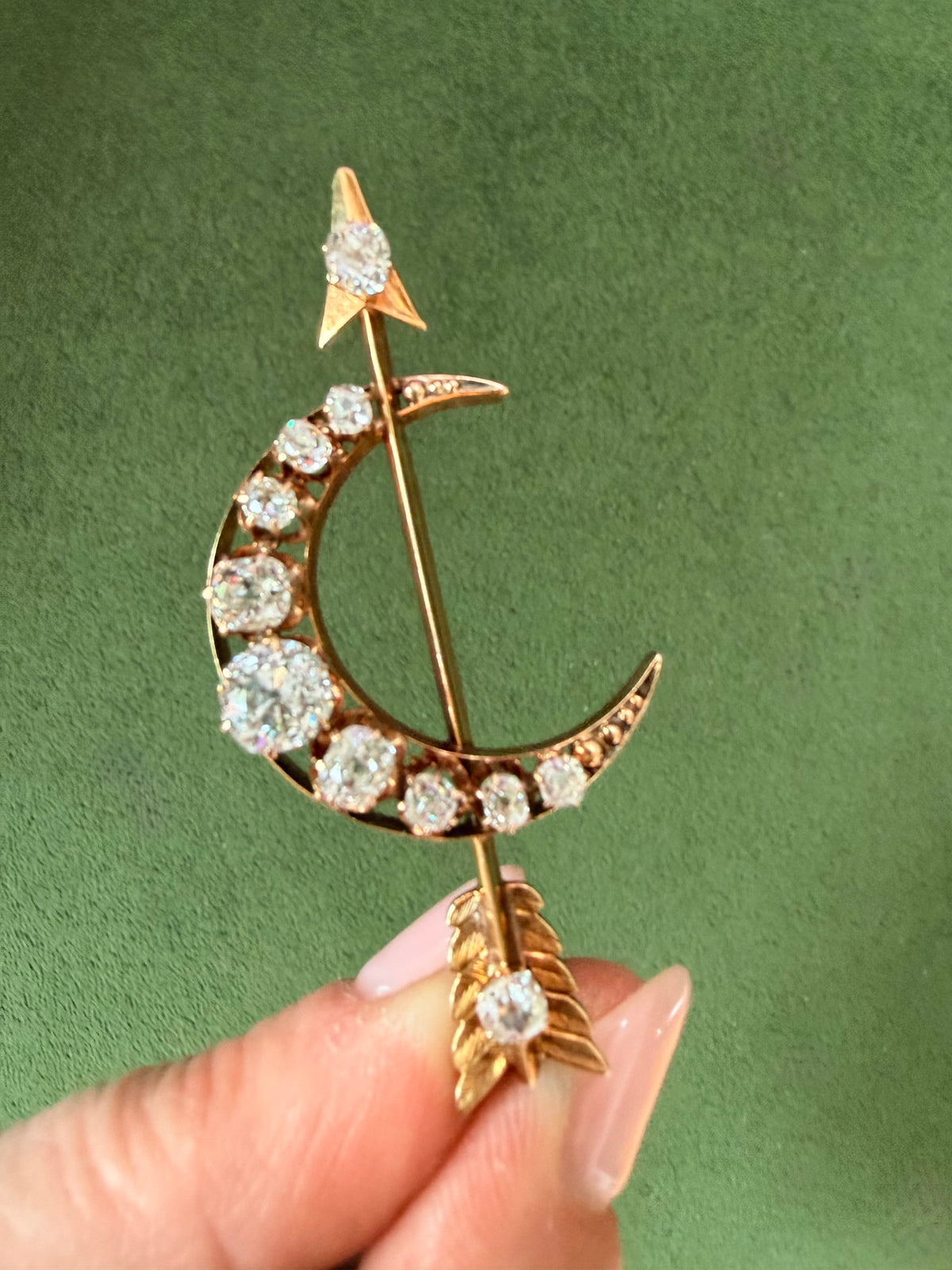 Antique Old Mine Cut Diamond Crescent & Arrow Brooch