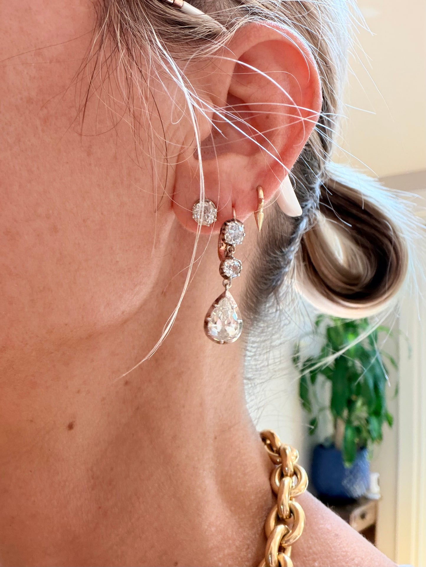 Antique Pear Cut and Old Mine Cut Diamond Drop Earrings