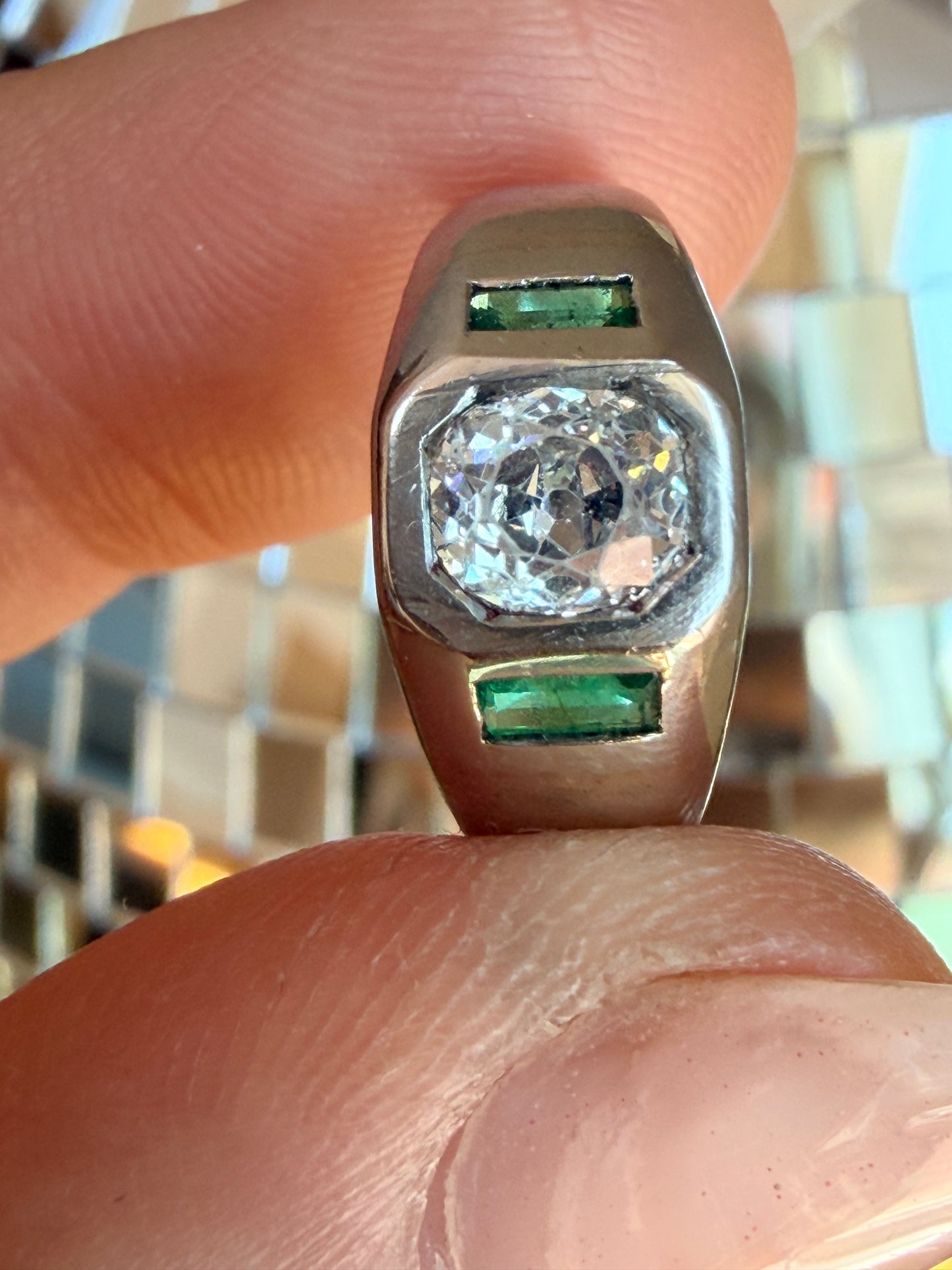 Art Deco Old Mine Cut Diamond and Emerald Ring