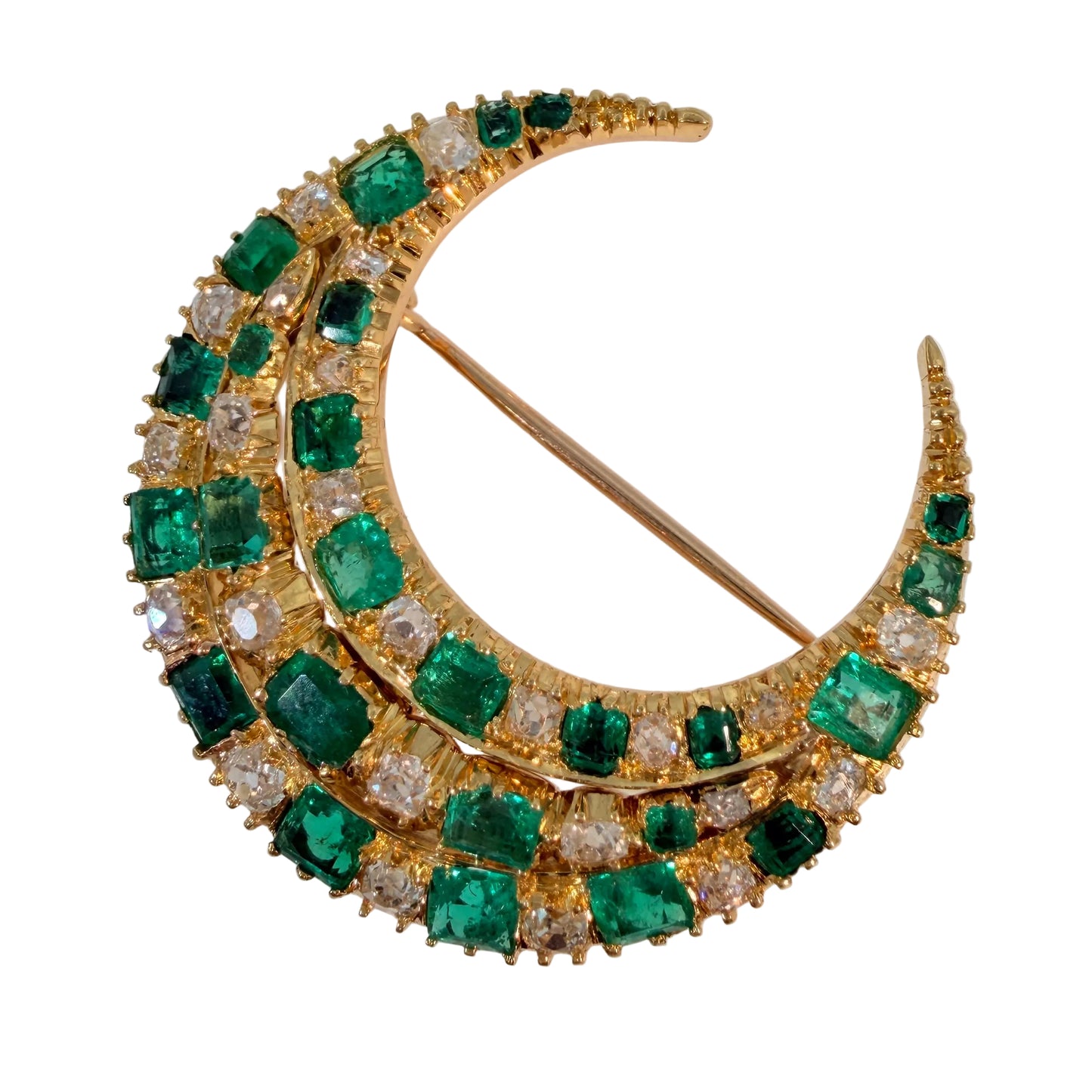 Victorian Colombian Emerald and Old Mine Cut Diamond Crescent Brooch