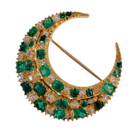 Victorian Colombian Emerald and Old Mine Cut Diamond Crescent Brooch