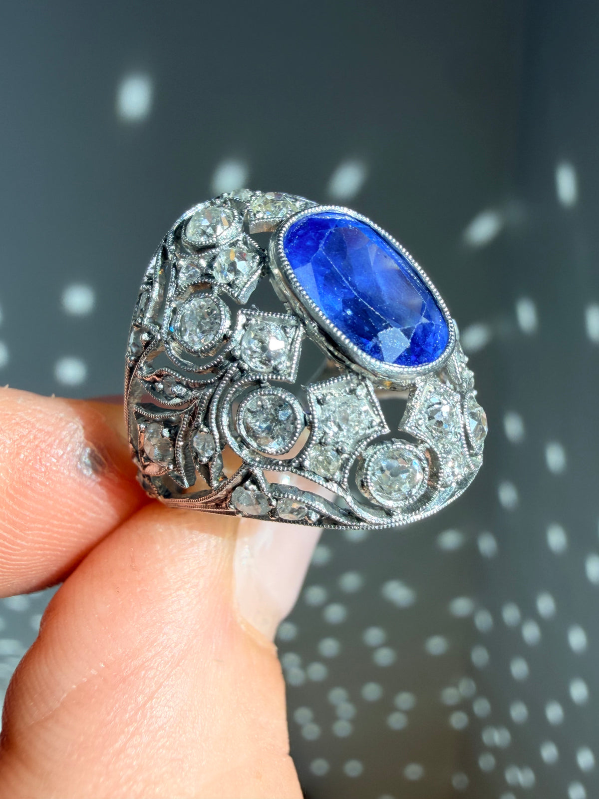 Antique Ceylon Sapphire and Diamond Cluster Ring