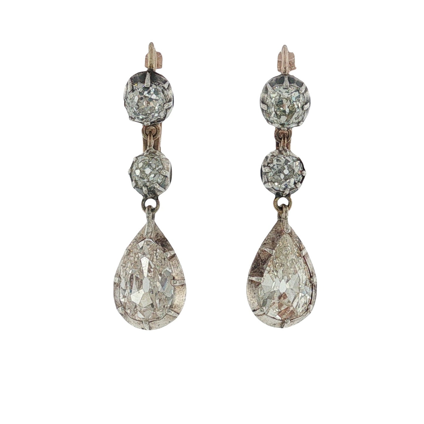 Antique Pear Cut and Old Mine Cut Diamond Drop Earrings