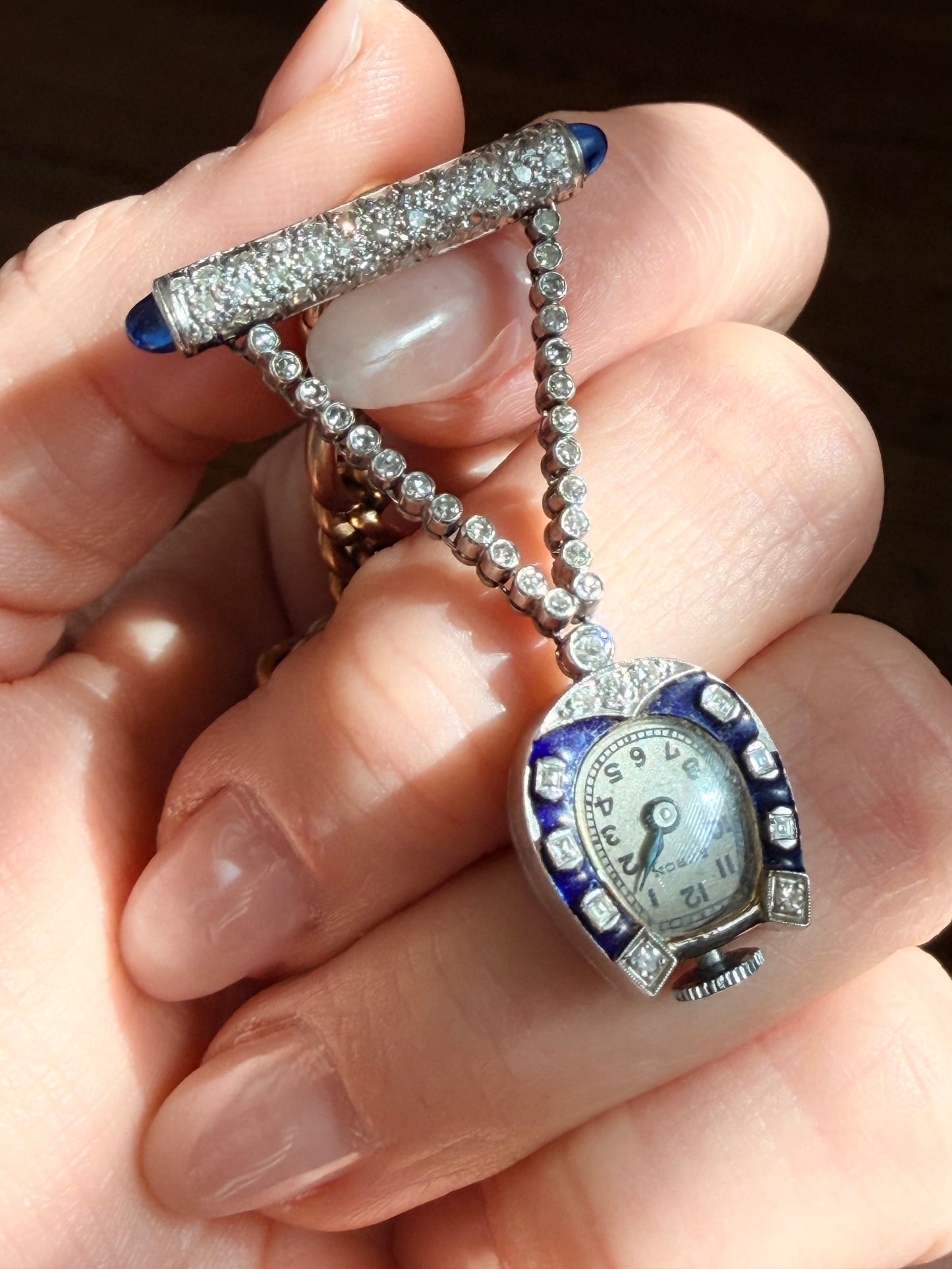 Art Deco Akron Diamond and Enamel Horseshoe Watch and Brooch