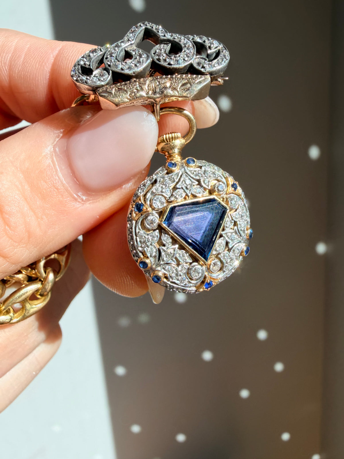 Antique Tiffany and Co. Sapphire and Diamond Pocket Watch Brooch