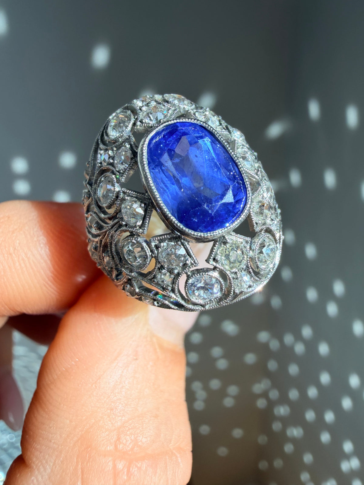 Antique Ceylon Sapphire and Diamond Cluster Ring