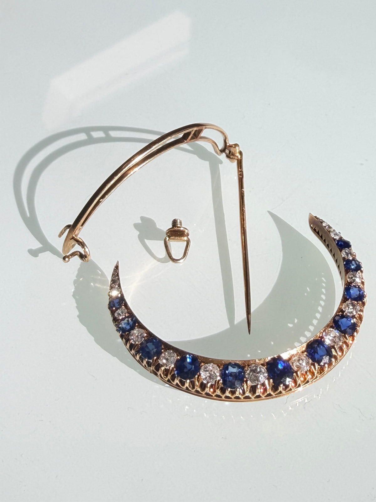 Antique Russian Sapphire and Diamond Crescent Brooch