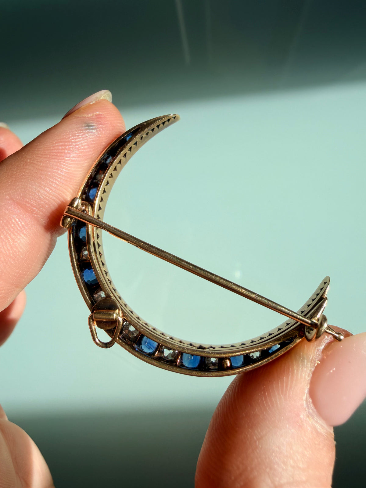 Antique Russian Sapphire and Diamond Crescent Brooch