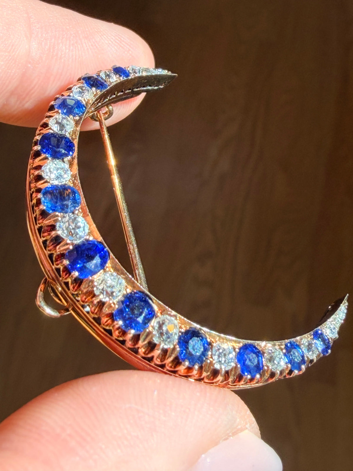 Antique Russian Sapphire and Diamond Crescent Brooch
