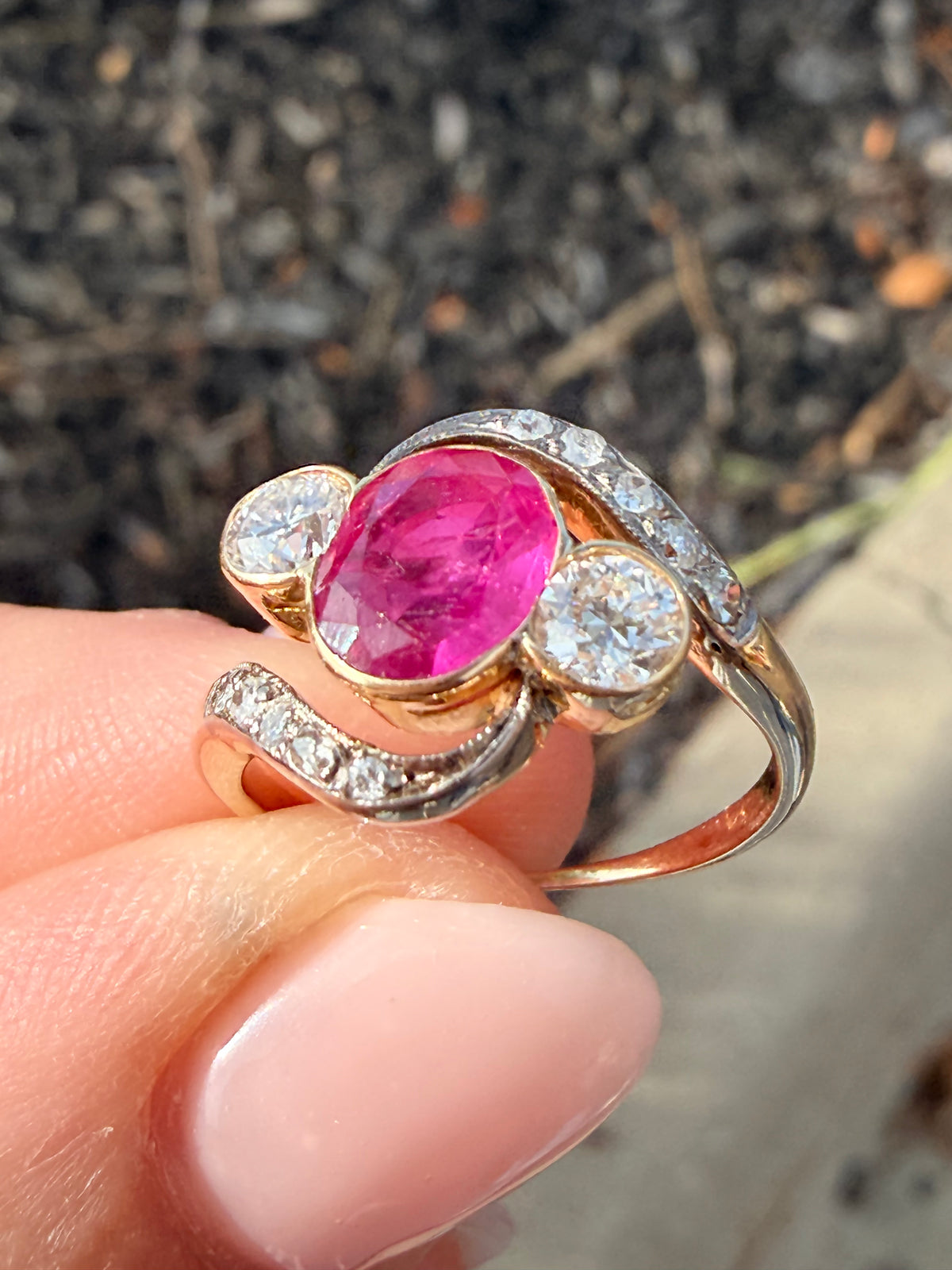Edwardian Ruby and Diamond Three Stone Twist Ring