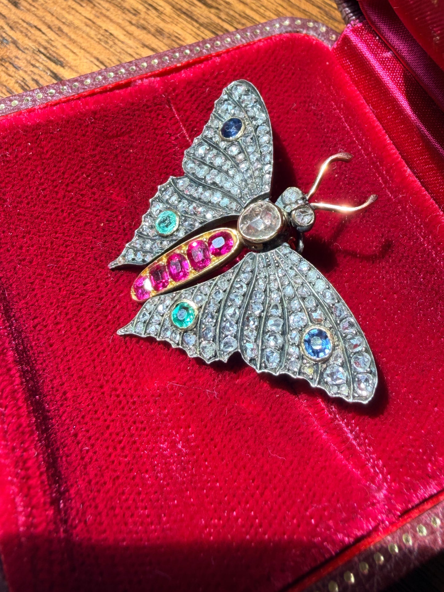 Antique French Multi Gem-Set Diamond Butterfly Brooch