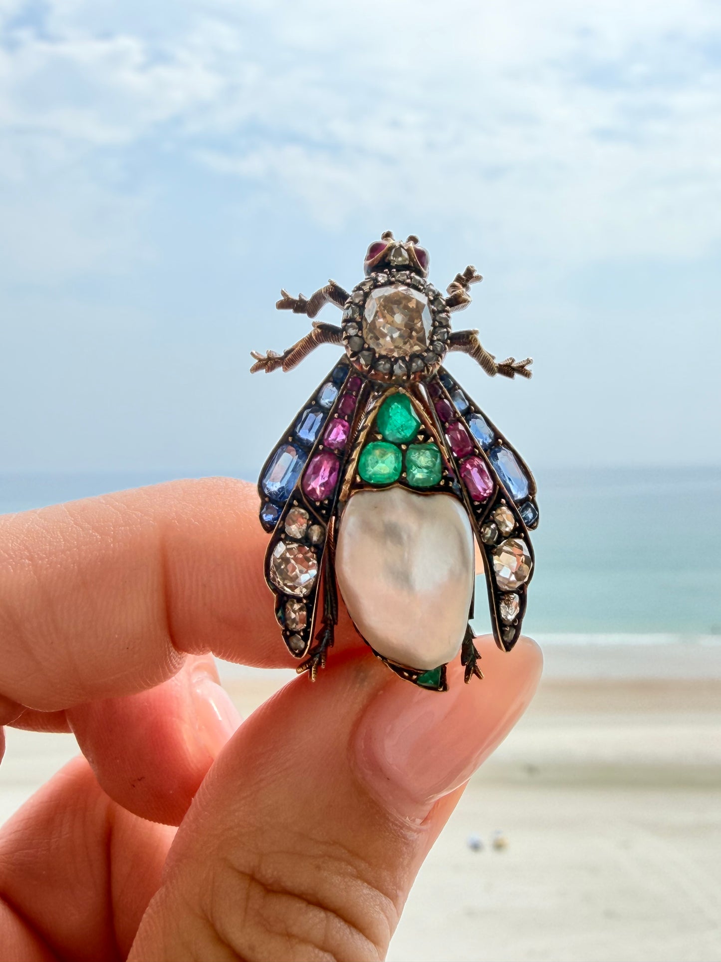 Victorian Natural Pearl and Gemset Bug Brooch