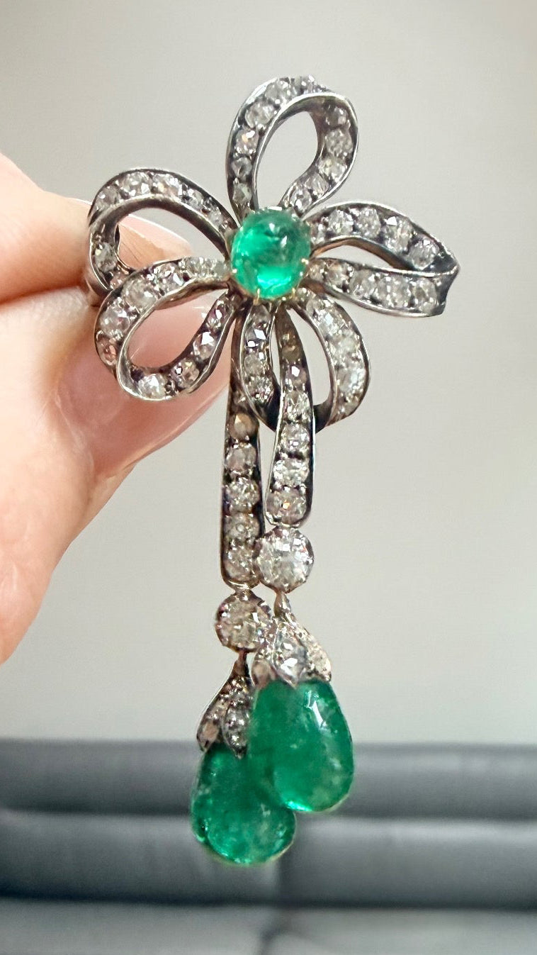 Antique Emerald & Diamond Bow Drop Brooch