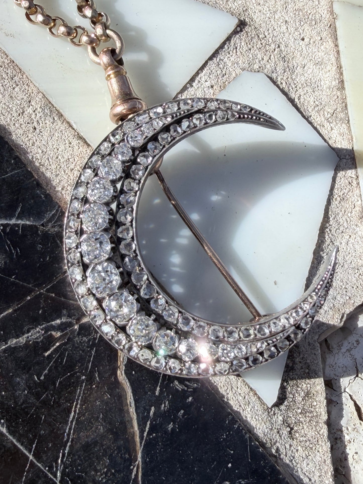 Victorian Old Cut Diamond Crescent Moon Brooch