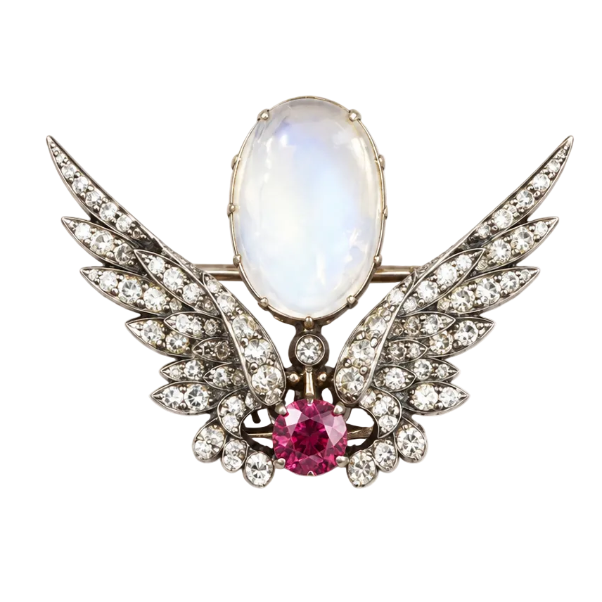 Antique Moonstone Diamond and Ruby Winged Brooch