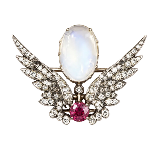 Antique Moonstone Diamond and Ruby Winged Brooch