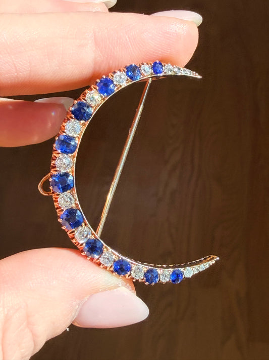 Antique Russian Sapphire and Diamond Crescent Brooch