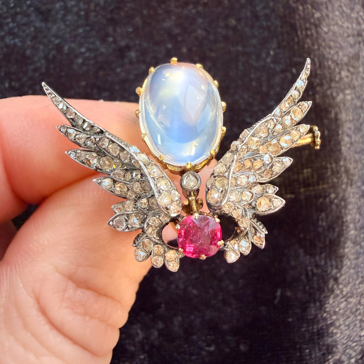 Antique Moonstone Diamond and Ruby Winged Brooch