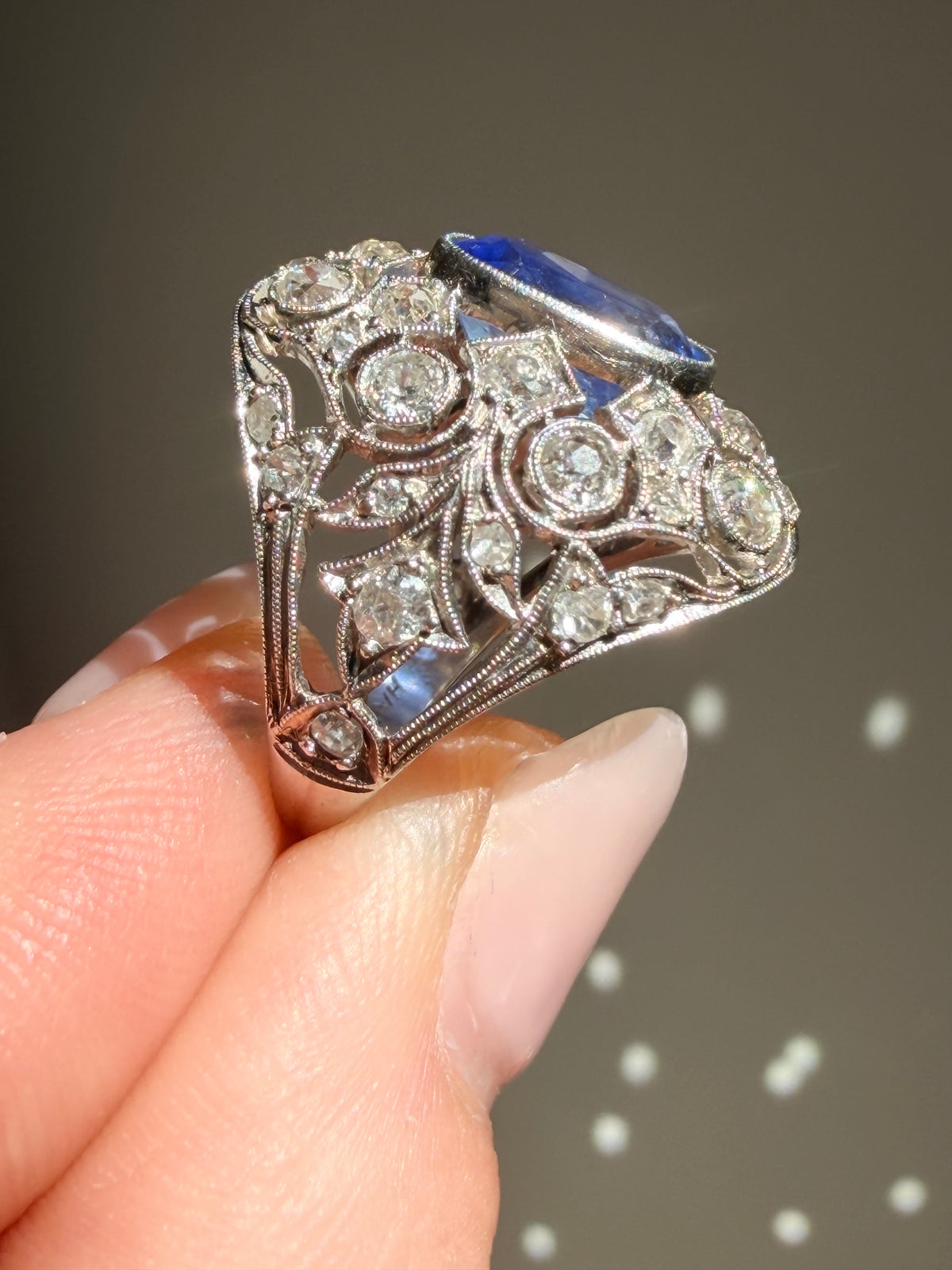 Antique Ceylon Sapphire and Diamond Cluster Ring