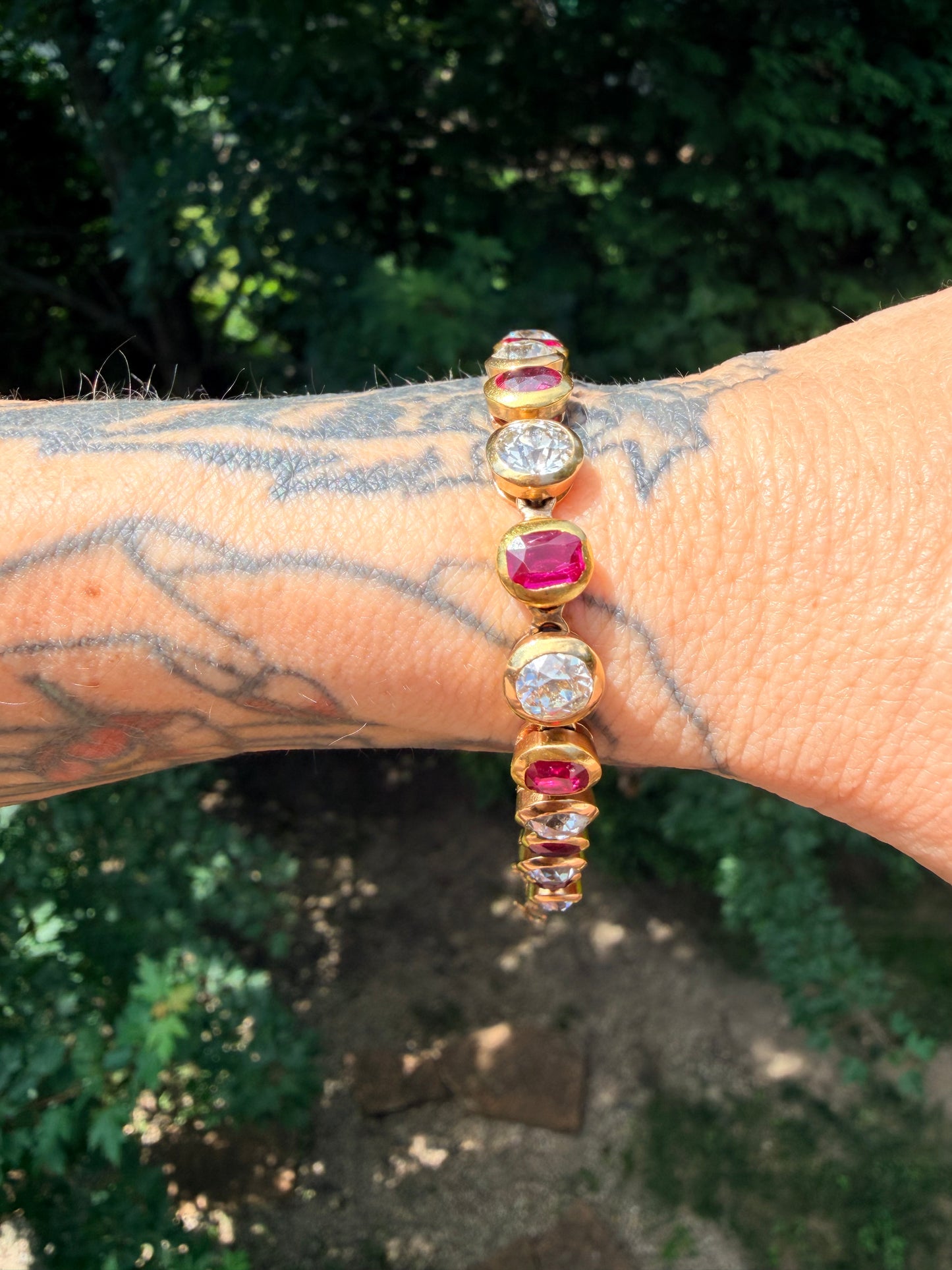Antique Burmese No Heat Ruby and Old Cut Diamond Alternating Bracelet