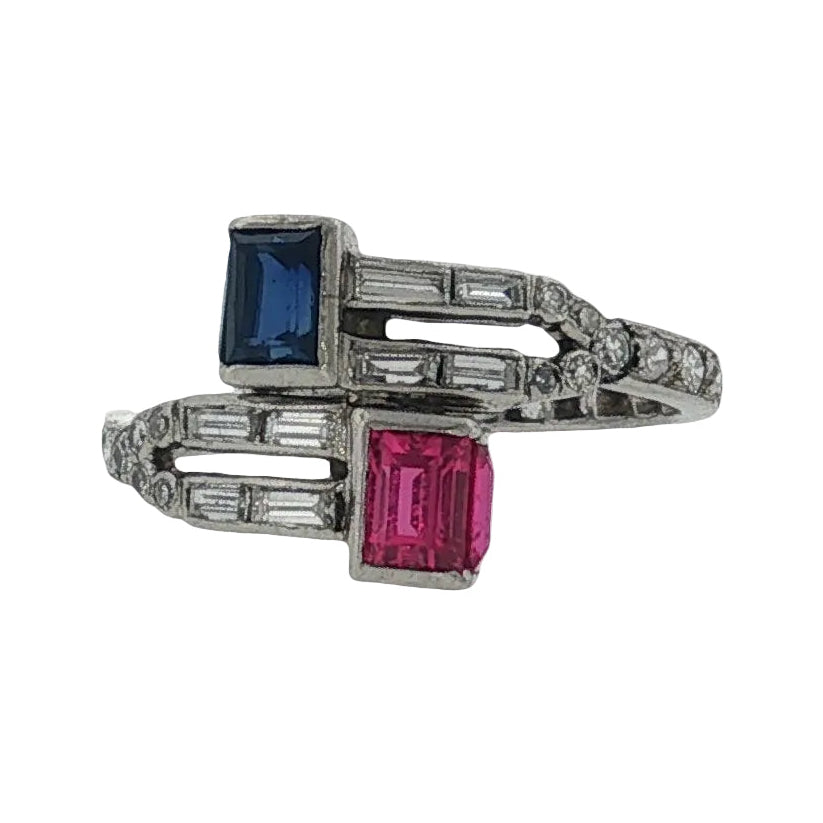 Art Deco Ruby, Sapphire & Diamond Toi et Moi Ring, c.1920s