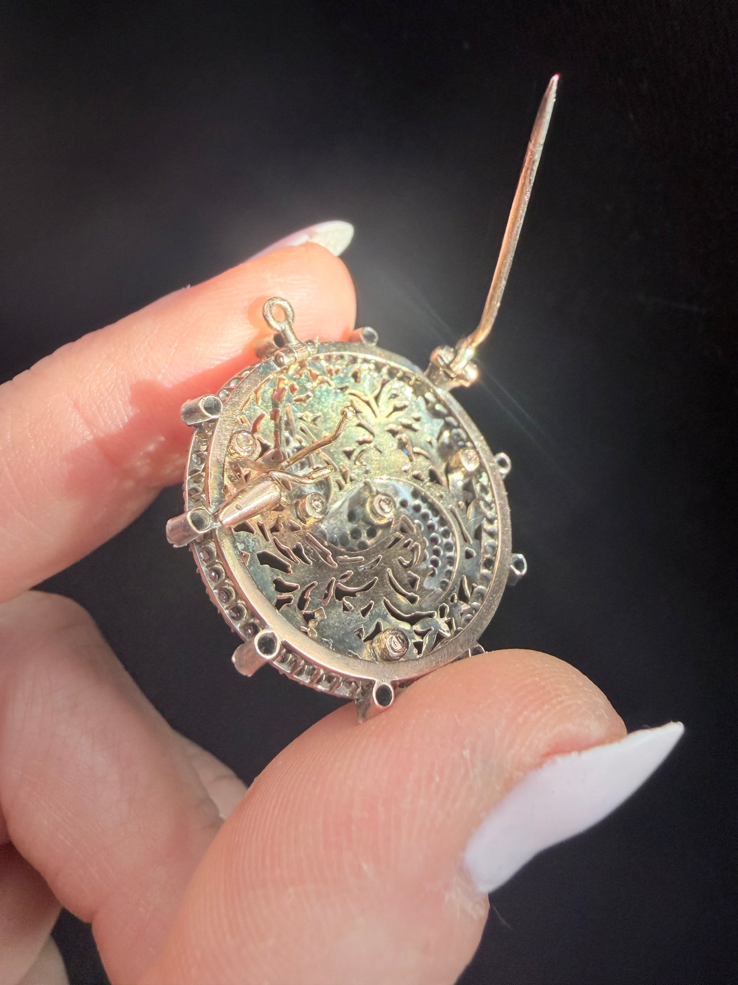 Antique Bird Pierced Gold & Gemstone Pendant - Brooch