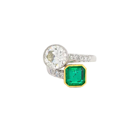Art Deco Emerald and Diamond Toi et Moi Ring