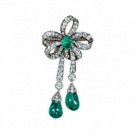 Antique Emerald & Diamond Bow Drop Brooch