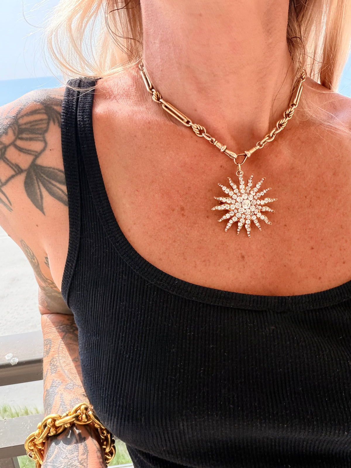 Antique Old Cut Diamond Sun Pendant Brooch