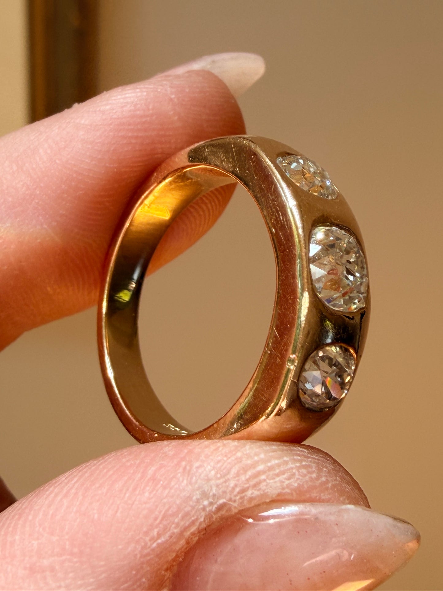 Antique Three Stone Old Mine Cut Diamond Ring