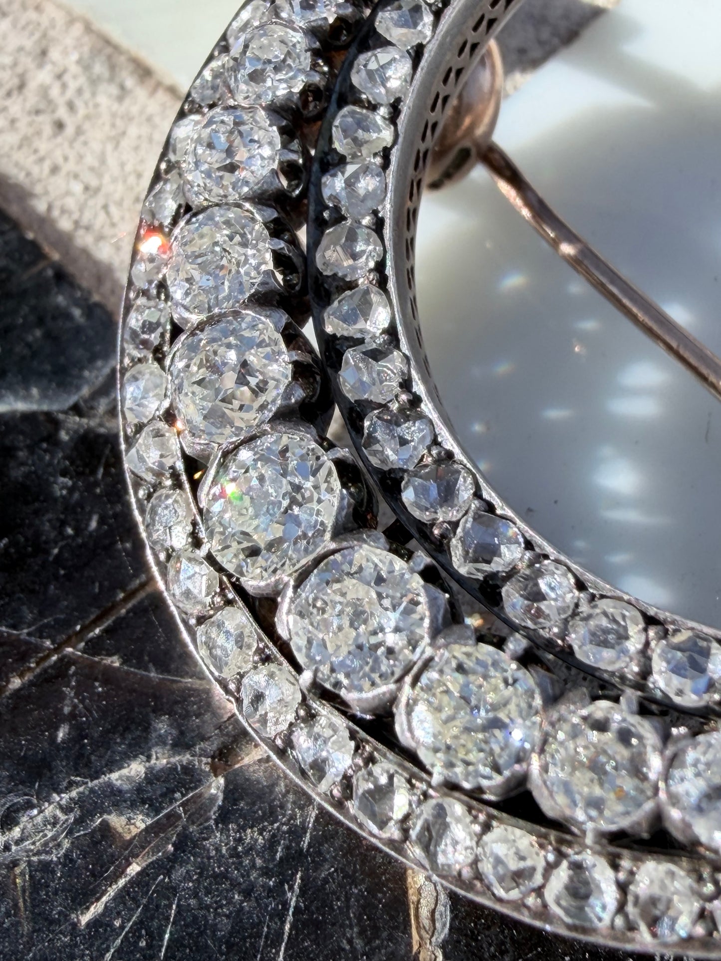 Victorian Old Cut Diamond Crescent Moon Brooch