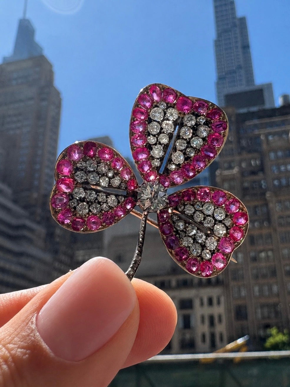 French Burmese Ruby and Diamond Clover Pendant Brooch
