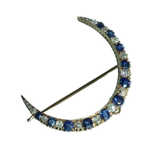 Antique Russian Sapphire and Diamond Crescent Brooch
